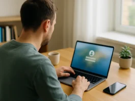 A person logging in on a laptop at a sunlit home-office desk with a phone beside it