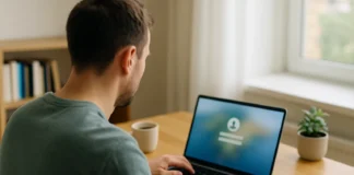 A person logging in on a laptop at a sunlit home-office desk with a phone beside it