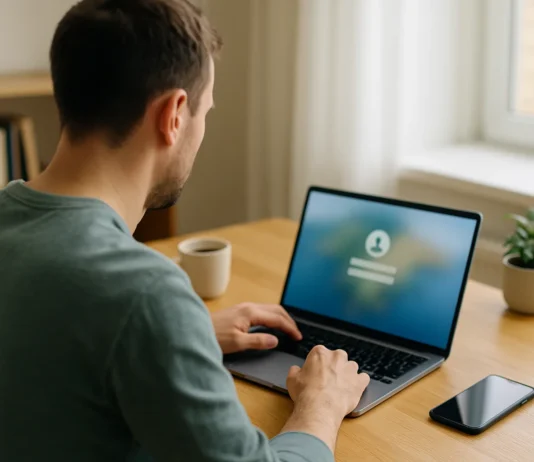 A person logging in on a laptop at a sunlit home-office desk with a phone beside it