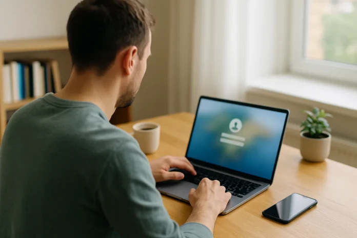 A person logging in on a laptop at a sunlit home-office desk with a phone beside it A person logging in on a laptop at a sunlit home-office desk with a phone beside it