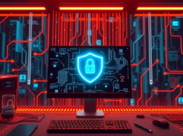 Cybersecurity shield on computer screen in data center