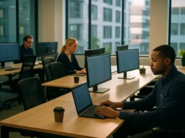 Half-empty open-plan security operations workspace with three occupied desks.