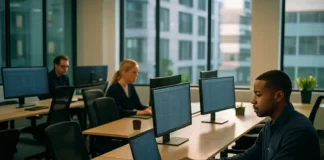 Half-empty open-plan security operations workspace with three occupied desks.