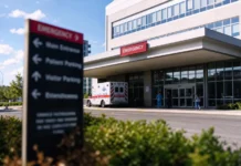 Craneware Healthcare Data Breach Puts 2,000 Hospitals at Risk Exterior of a modern hospital with a covered emergency entrance and an ambulance at the ambulance bay in daylight.