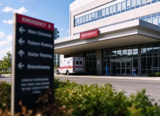 Craneware Healthcare Data Breach Puts 2,000 Hospitals at Risk Exterior of a modern hospital with a covered emergency entrance and an ambulance at the ambulance bay in daylight.