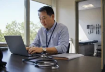 Healthcare Ransomware Attacks Shift: Businesses Up 35% While Hospitals Hold Flat Clinic administrator working at a laptop in a bright medical office, stethoscope on the desk and an examination room visible through the doorway
