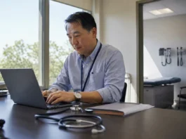 Healthcare Ransomware Attacks Shift: Businesses Up 35% While Hospitals Hold Flat Clinic administrator working at a laptop in a bright medical office