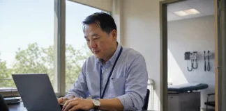 Clinic administrator working at a laptop in a bright medical office