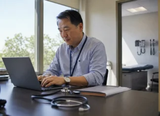 Healthcare Ransomware Attacks Shift: Businesses Up 35% While Hospitals Hold Flat Clinic administrator working at a laptop in a bright medical office, stethoscope on the desk and an examination room visible through the doorway