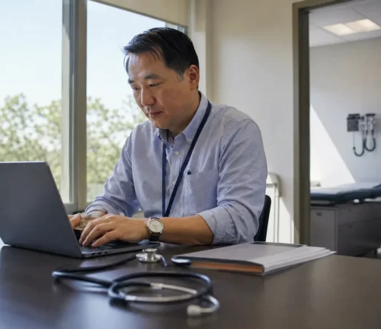 Clinic administrator working at a laptop in a bright medical office
