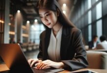Professional woman working on laptop in office