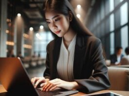 Professional woman working on laptop in office
