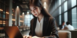 Professional woman working on laptop in office