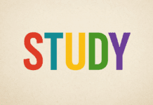 A colorful, retro-style illustration of the word STUDY.