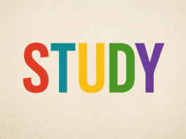 A colorful, retro-style illustration of the word STUDY.