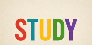 A colorful, retro-style illustration of the word STUDY.